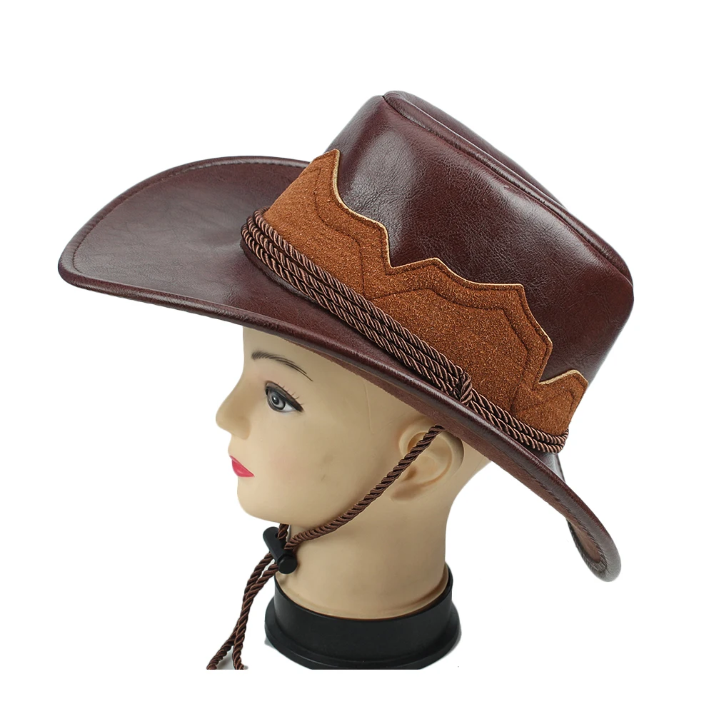 
custom pu leather cowboy hat with string 