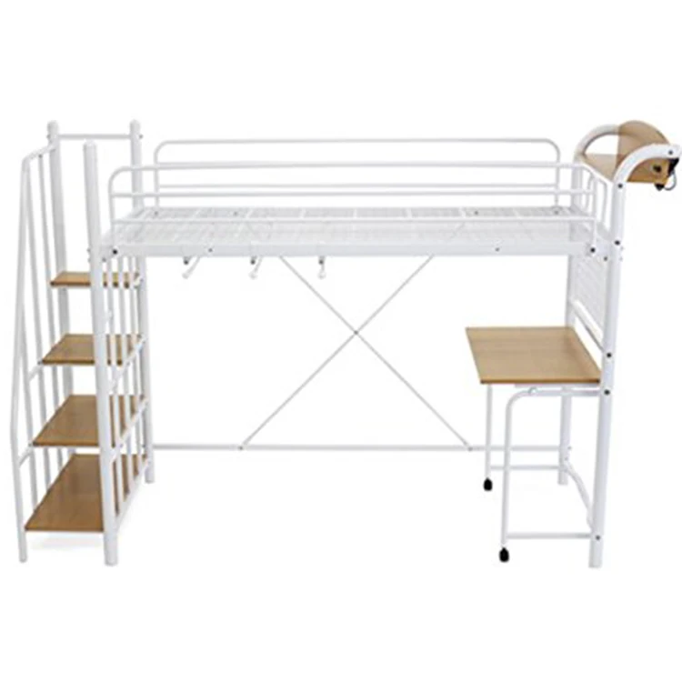 Modern space-saving japan white adult metal loft bed with desk and USD LED
