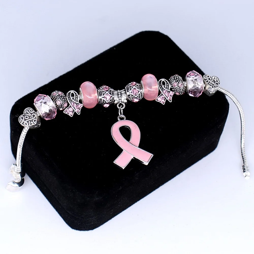Pink RIbbon Breast Cancer Awareness Big Hole Beads Bracelets With Snake Chain For Women Survivor Souvenir Gift