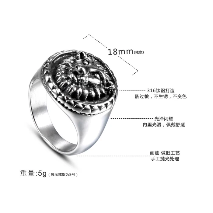 Gothic Men Lion Head Rings Punk Biker Cool Ring Vintage Steel heavy Ring In Stock