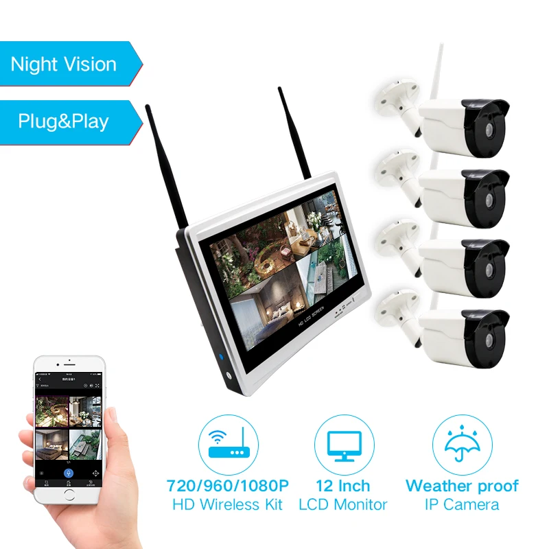 VESAFE CCTV 4CH  H.265 12 inch LCD Monitor Cctv Camera System Waterproof Wifi NVR Kit Indoor And Outdoor Monitoring Package