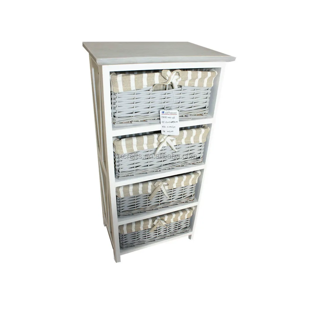 New 4 Wicker Basket Drawers Wood Frame Dresser Chest Storage Unit