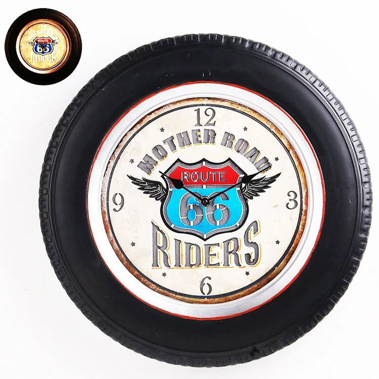 
Factory price antique retro car tire glow iron wall clock for home decor 