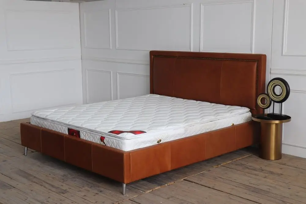 vintage brown leather europe style hotel project  high headboard  king size bed
