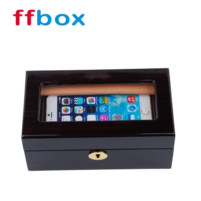 Seminai/Ebony Piano Lacquer High Glossy Finish Top Glass Window Lid Luxury Wooden Box For Mobile