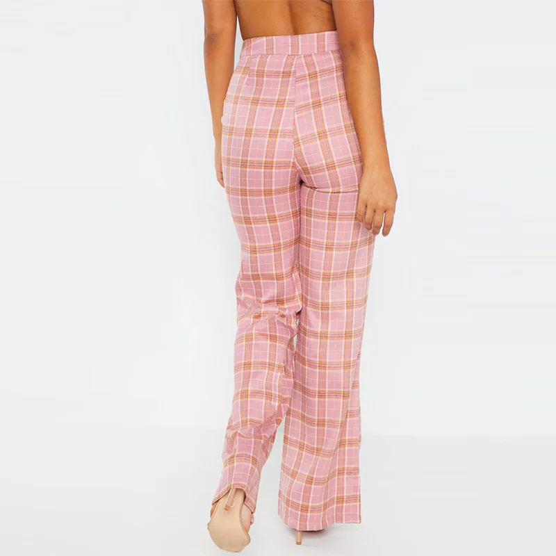 Spring Fall Plaid  Two Piece Set Long Sleeve Waist Tie  Blazer Ladies Flare Checked Pants Office  Woman