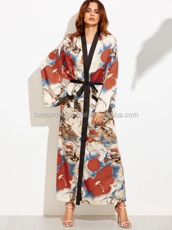 Calico Print Contrast Trim Belted Maxi Kimono Manufacture Wholesale Fashion Women Apparel (TA3006K)