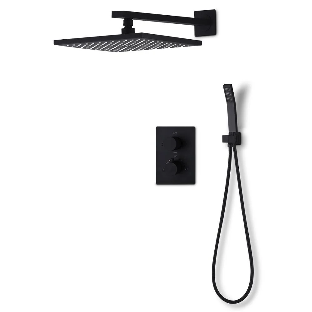 
Bathroom 10 Inch Wall Mounted Thermostatic Rainfall Head Faucet Black Shower Set 