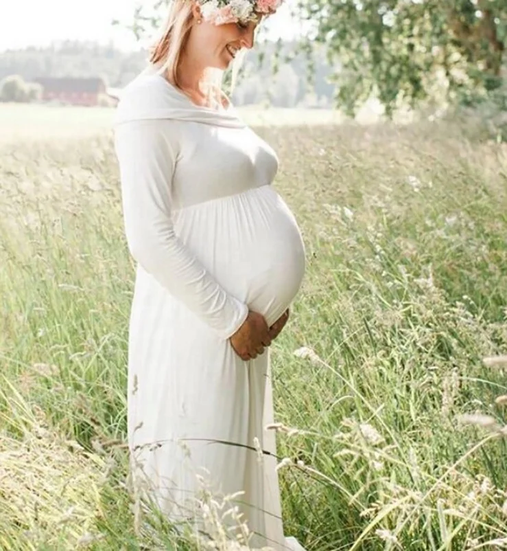 Off Shoulder Long Sleeve Solid Pregnant Photography Photo Shoot Maternity Clothes Casual Long Maternity Dress For Photography