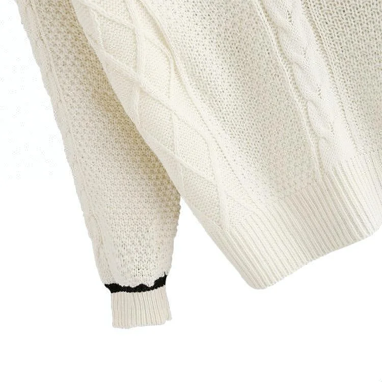 
New Design V Neckline Striped Trim Knit Women Cricket Sweater 