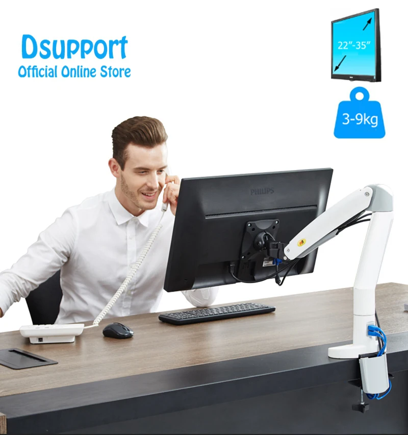 F100A Gas Spring Arm 22-35 inch Screen Monitor Holder 360 Rotate Tilt Swivel F100A Desktop Monitor Mount Arm with Two USB Ports