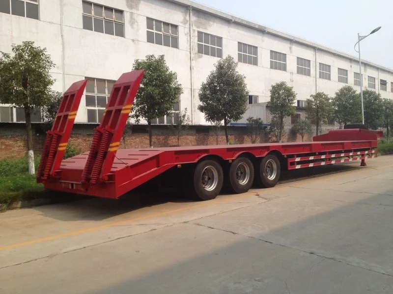 tri-axle 50tons 60t lowboy flatbed truck low bed semi trailer with hydraulic ramp