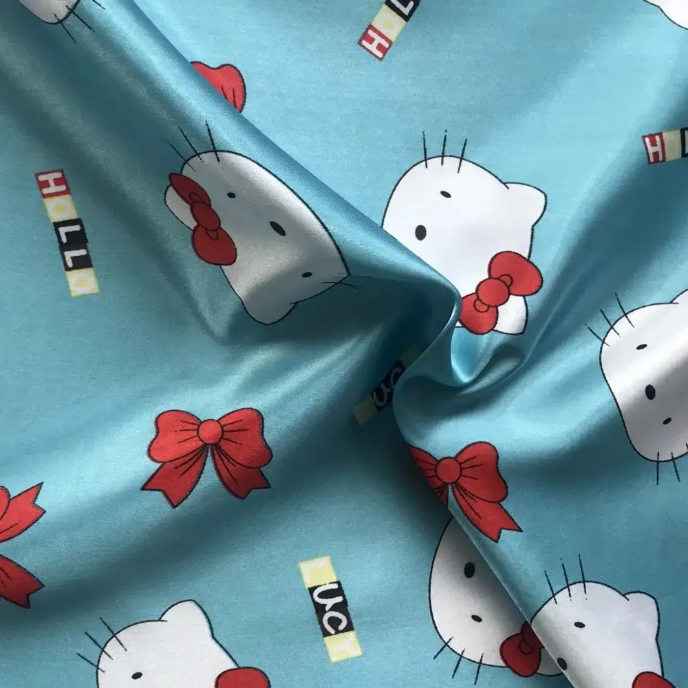Satin Fabric Printed Fabric Cat Hello Kitty blue