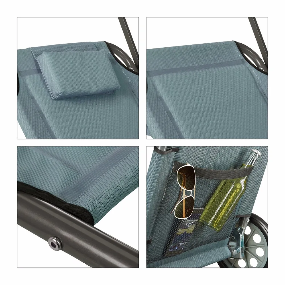 Outdoor Foldable Beach Lounger with Wheels and Shade, Adjustable Backrest