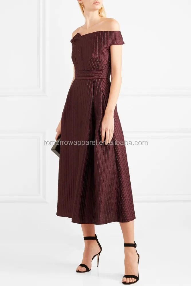 
Off-the-shoulder Metallic Plisse-organza Midi Dress Manufacture Wholesale Fashion Women Apparel (TA3065D) 