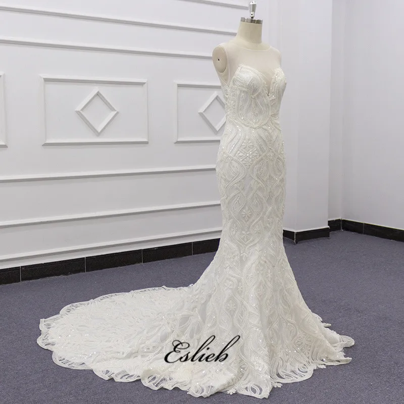 Eslieb SJ077 real photo champagne custom style luxury lace O-neckline zipper  wedding dress bridal mermaid