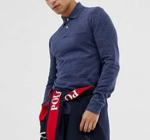 China New Style Autumn Long Sleeve Slim Fit 200g Cotton Spandex Navy Men Polo Shirt