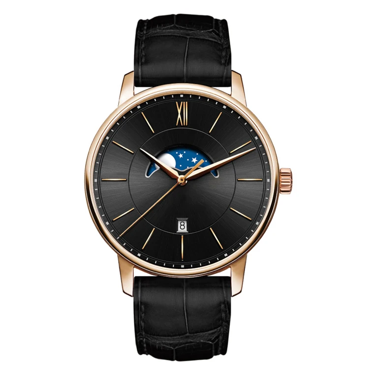 Custom Logo Elegant Stainless Steel Moon Phase Watches for Men Western Style Luxury Relojes Wrist Watch