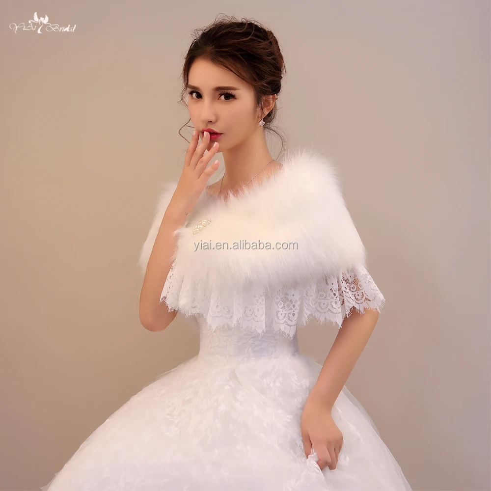 
LZP190 Beautiful Off Shoulder Wedding Shawls White Fur Bolero And Lace Winter Wedding Cloak 