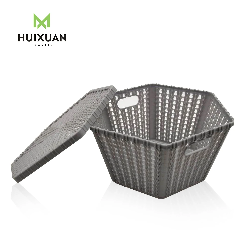 
Hom use hexagon plastic wicker rattan basket with lid handle 