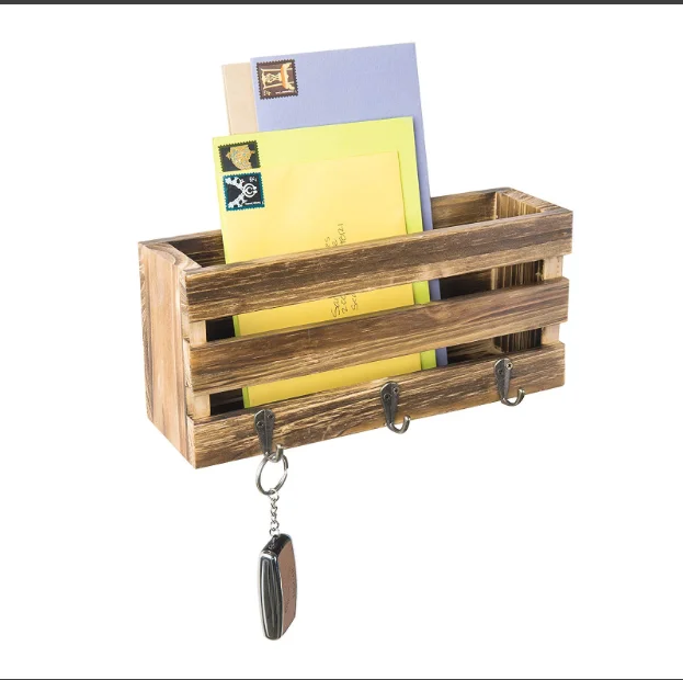 Country Rustic Crate-Style Wall Mounted Mail Sorter with 3 Key Ring Hooks