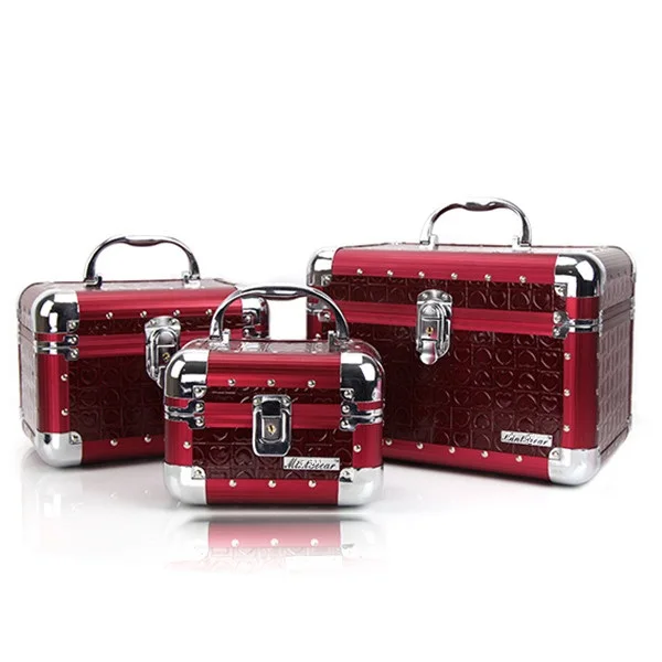 MLD-CC507 Красный Модный Женская косметическая коробка алюминиевая рама кожаные сумки для путешествий, набор для макияжа с подносом
