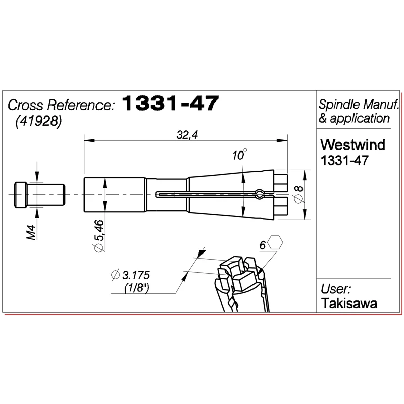 41928 Collet Chuck Westwind 1331 Spindle Collet For PCB CNC Drilling Machine