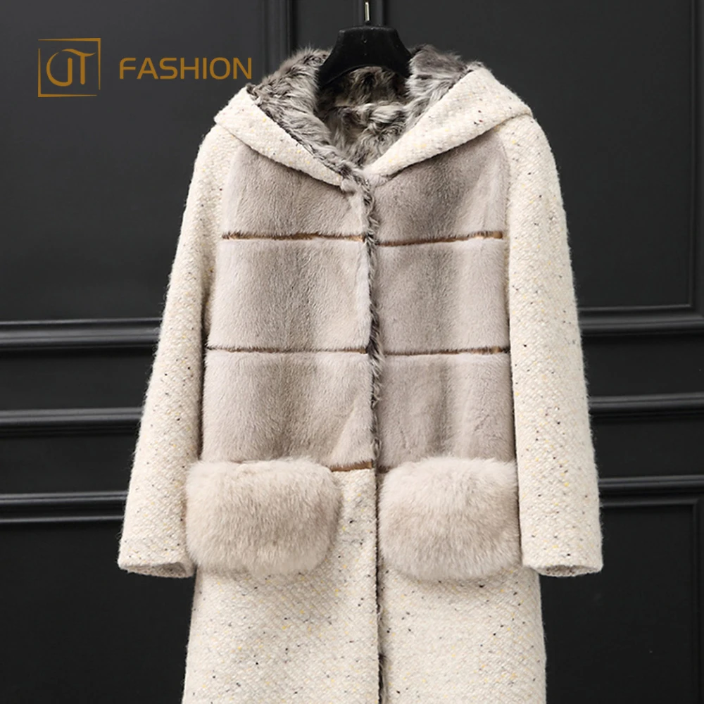 Top quality jtfur wholesale women silk fabric fox fur pocket coat lamb fur shearling noble long parka