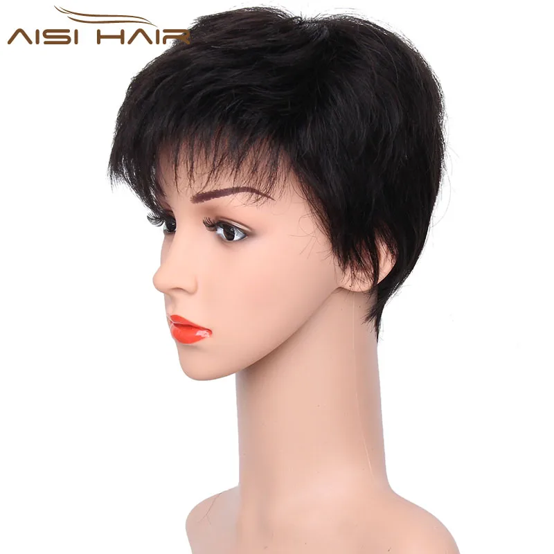 Aisi Hair Short Pixie Cut Human Hair Wigs For Women Hand Tied Straight Black Wig Indian Human Hair Wigs