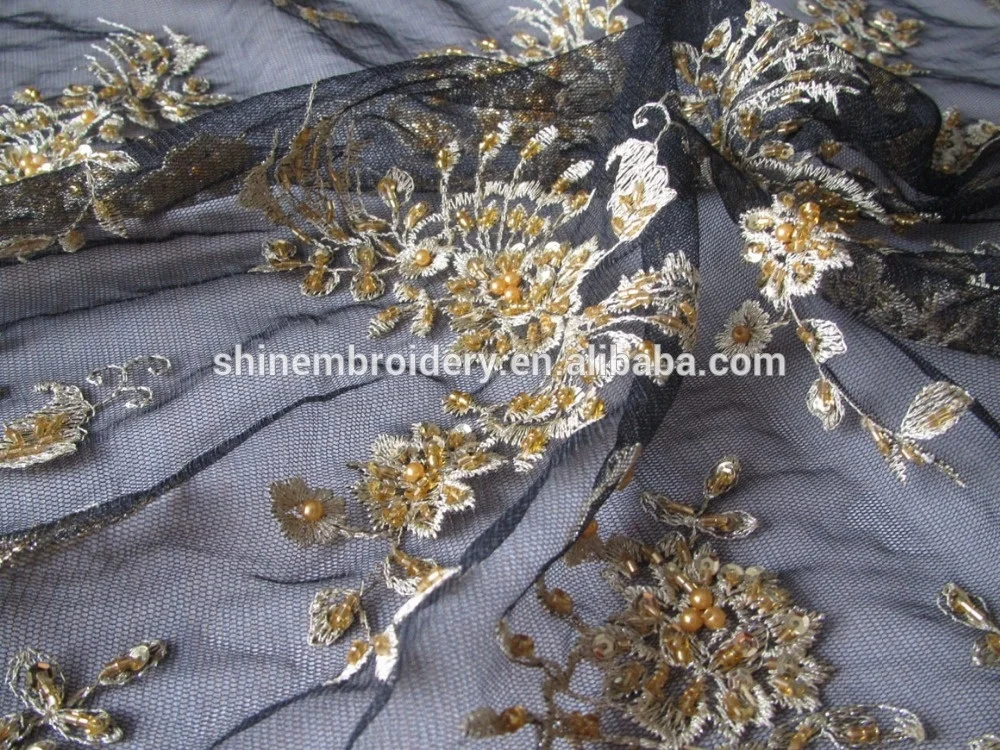 fancy beaded embroidery bridal laces fabrics, black and gold metallic thread hand embroidery net fabric