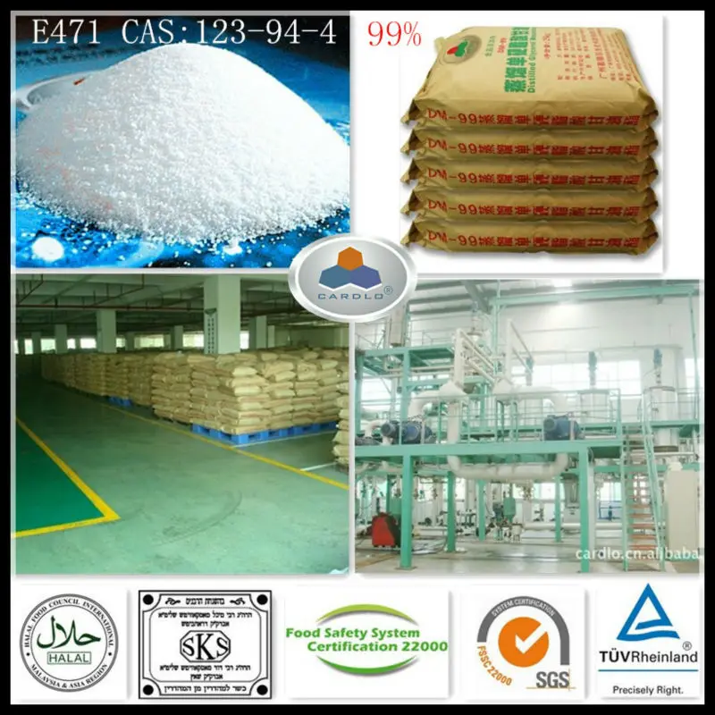 sausage meat emulsifier E471 China Large Manufacturer CAS:123-94-4,C21H42O4,HLB:3.6-4.0, 99%GMS