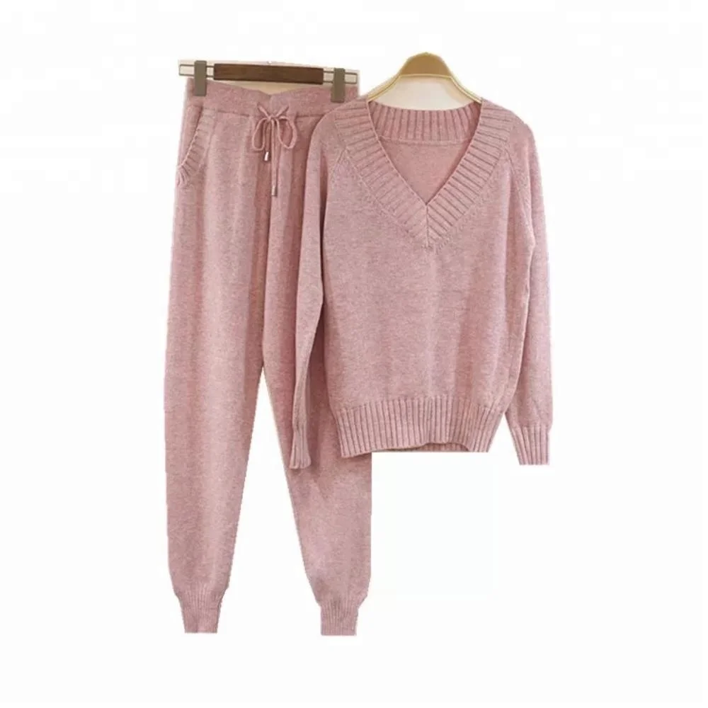 
B23248A Women stylish Knitted V neck sets sweater trousers clothing set 