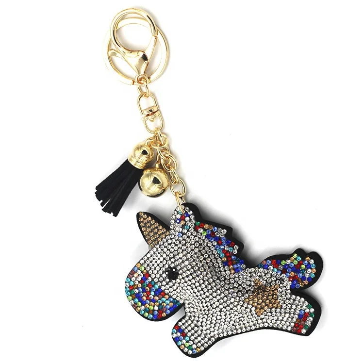 Novelty Cute Bling Shiny Unicorn Shaped  with diamond  covered Leather PU Keyring  Key Ring key chain Keychain