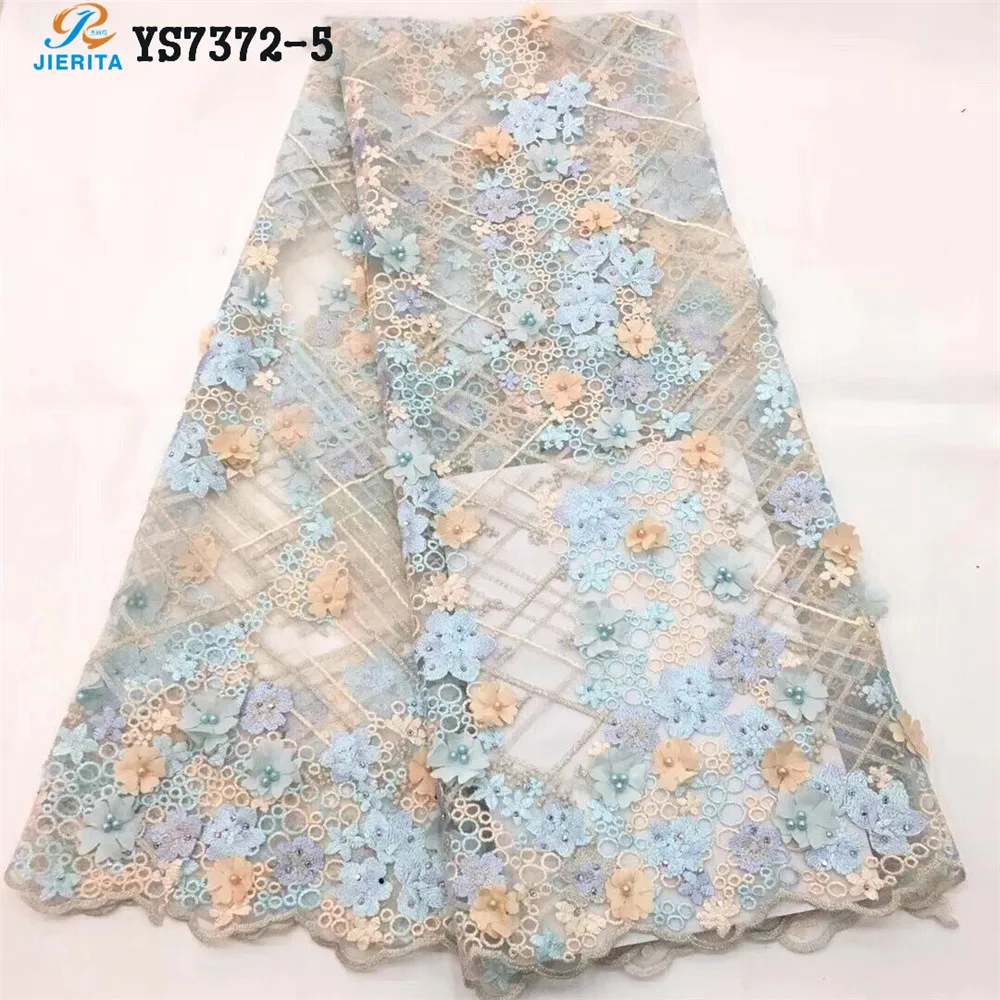 YS7372-5 African Beautiful high-end French net lace embroidery beads drill three dimensional flower gauze wedding dress