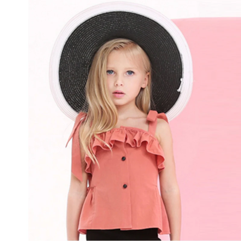 OEM Fashion beautiful girls ruffles buttons camisole new trened cotton blends fabric shirt wholesale t-shirts