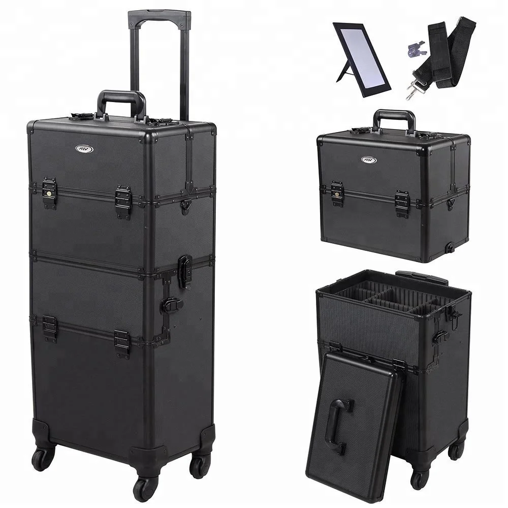 Professional Customized Black Rolling Beauty Vanity Aluminum  Cosmetic Case Drawers Makeup Trolley