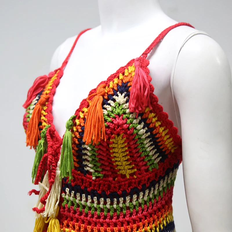 
Summer Women Colorful Sexy V Neck Cotton Short Dress Slim Spaghetti Strap Crochet Dress Elastic Backless Tassel Mini Dresses 