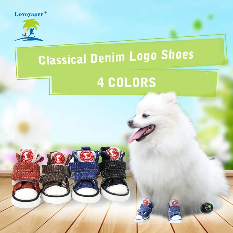 LOVOYAGER wholesale pet accessories canvas fabric dog shoes non slip blue jean dog sneakers dog boots