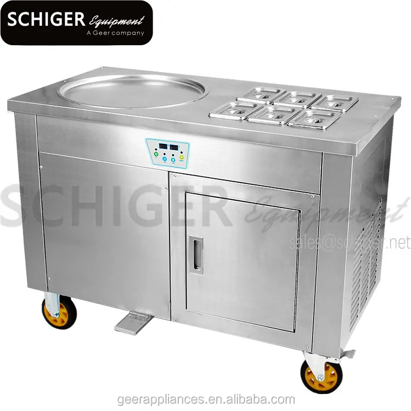 Commercial Single Round Pan Scroll Fried Ice Cream Making Machine With 6 buckets and built-in fridge