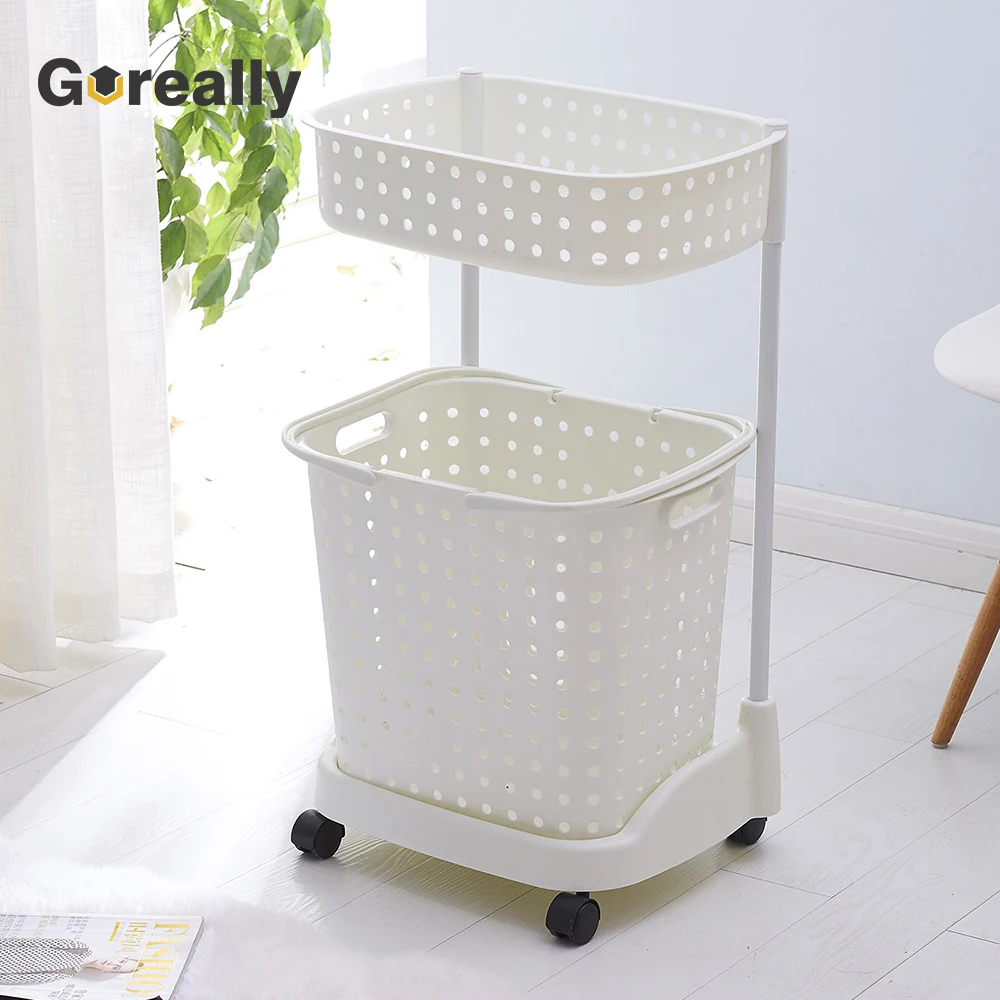 
Collapsible white plastic double clothes laundry hamper with wheels 