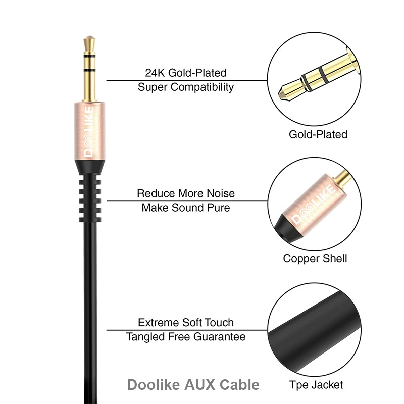 Doolike audio cable cord flat 90 Degree Right Angle Steel Spring 3.5mm aux cable for Headphone mobile phone