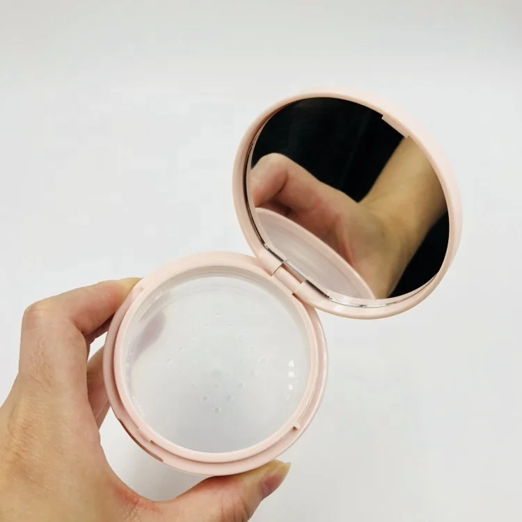 Popular 15g pink round plastic loose powder jar container with mirror and sifter / portable flip cosmetic packaging