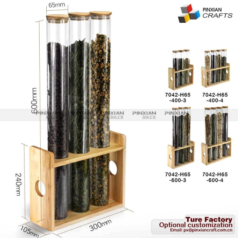Diameter 65MM, height 600MM 3 glass tubes, 3 hole Log display for tea coffee and sugar glass storage containers