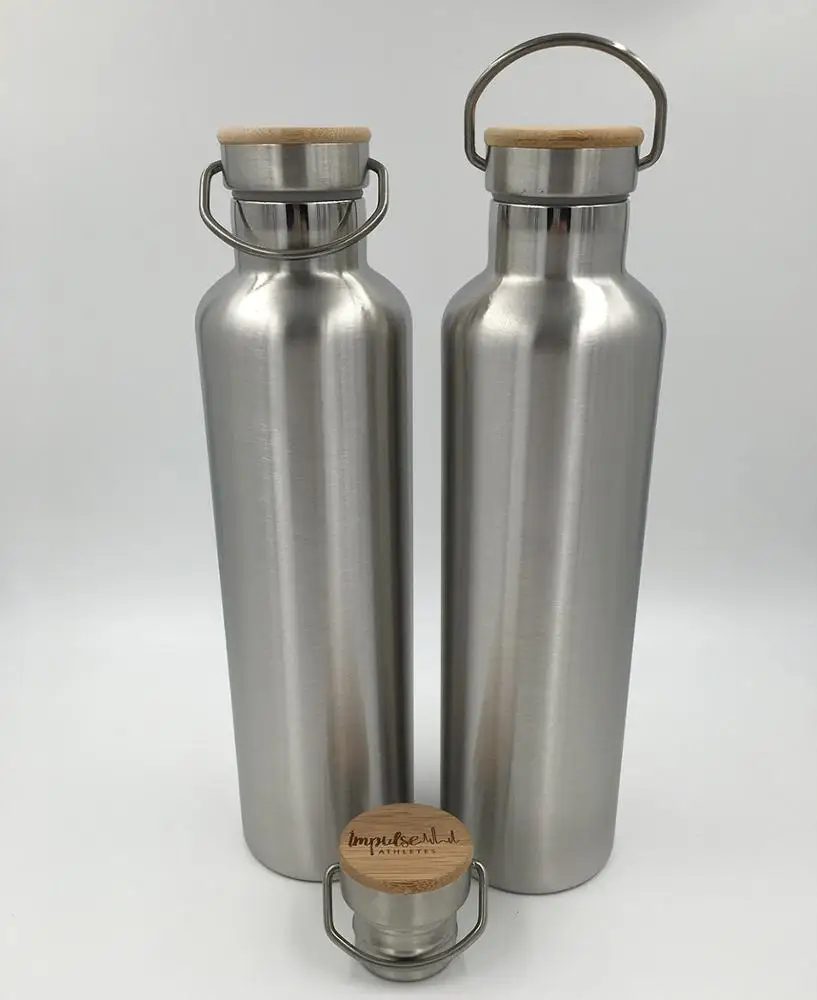 Durable Double Wall Water Bottle with Bamboo Lid, Custom Brushed 18/8 Stainless steel Sports bamboo bottle