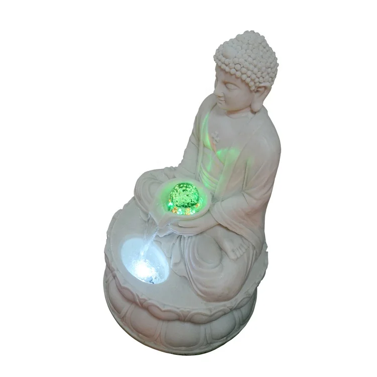 Sandstone Indoor Buddha Statue Water Fountains with Colorful Crystal Ball Light