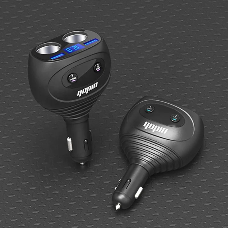 best selling product led voltmeter 4 in 1 car charger with twin socket extender, dual usb car charger with dual 12v sockets