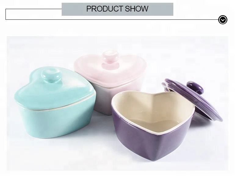 Lovely decoration color ceramic salad heart shaped bowl with lid