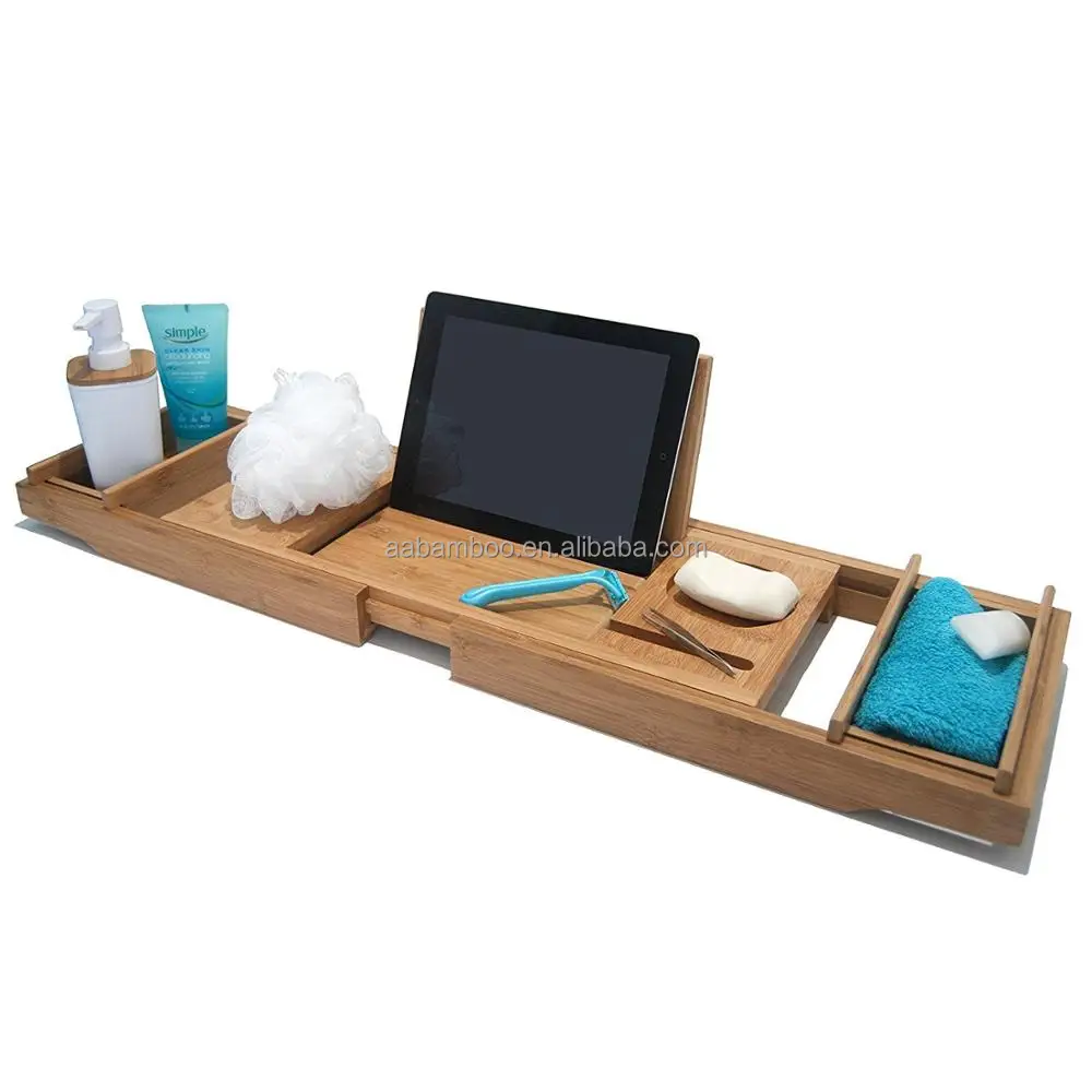 Bathtub Caddy with MIRROR with Extending Non Slip Sides, Wine Glass Holder, 2 Removable Storage Shelves