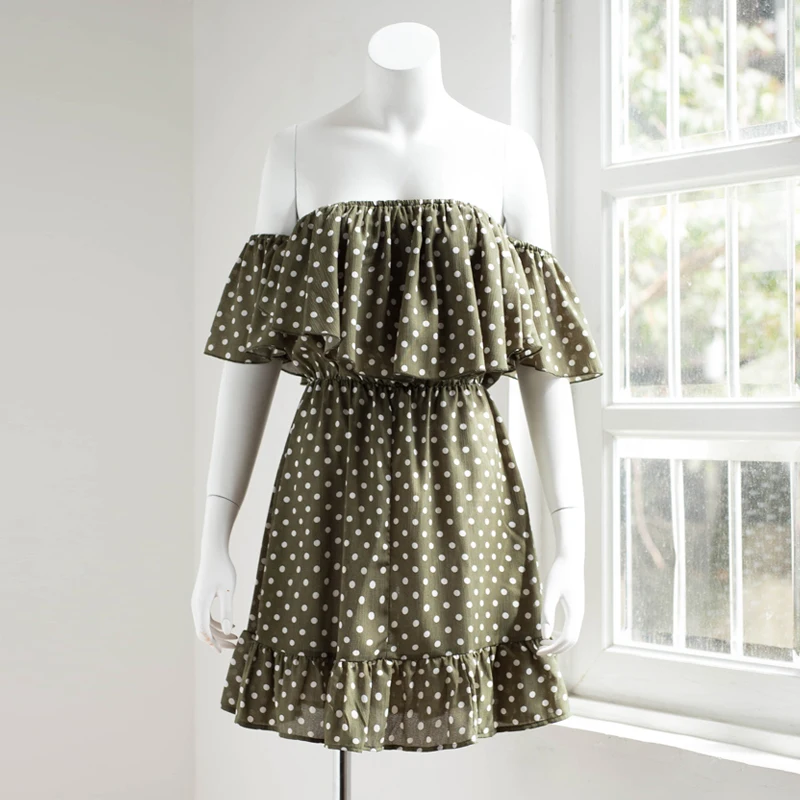 
New Arrival Women Dot Printing Chiffon Summer Dress Sexy Off Shoulder Ruffles Short Mini Dress Beach Party Cocktail Clothes 
