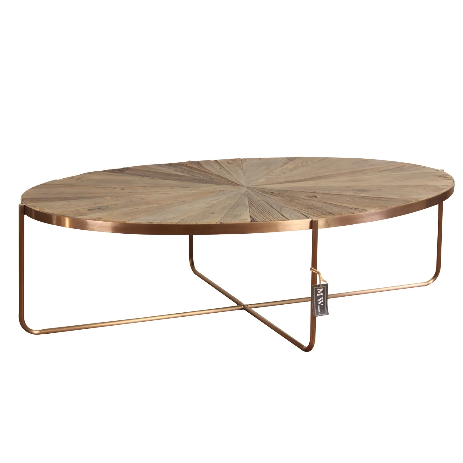 MRS WOODS High quality rose gold stainless steel frame oval coffee table wood